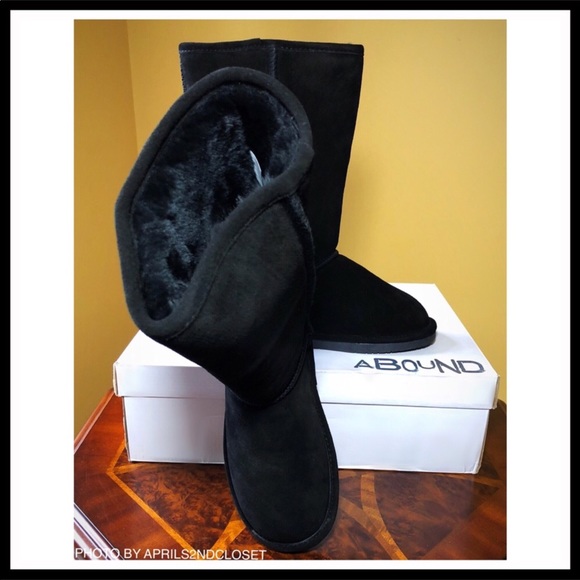 BLACK SUEDE SHEARLING LINED COZY WINTER BOOTS MID CALF COMFY BOOTIES - Picture 5 of 9